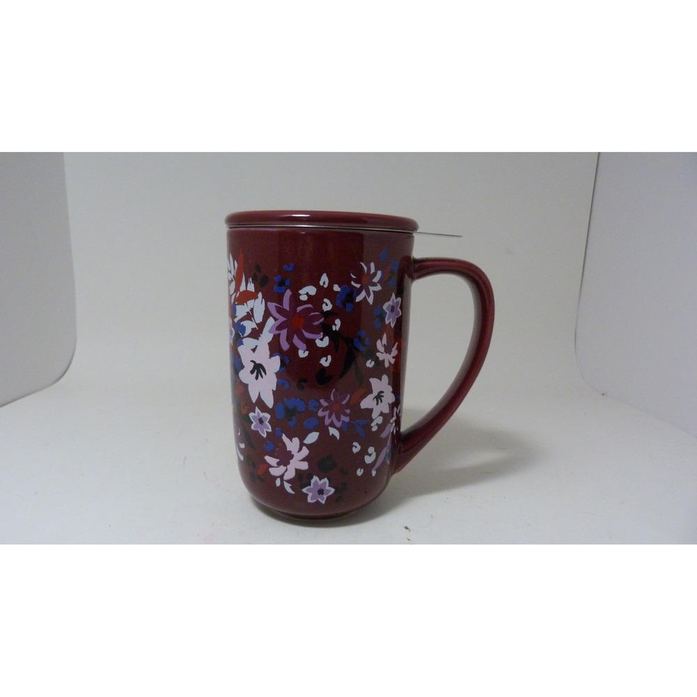DAVIDsTEA Nordic Mug with Lid and Infuser Burgundy Floral Ceramic Tea Steeper